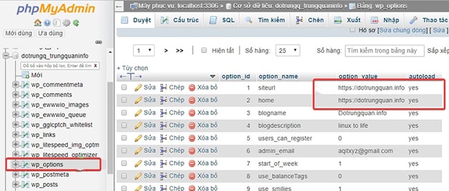 Thay đổi địa chỉ Wordpress trong tập tin PHPmyadmin
